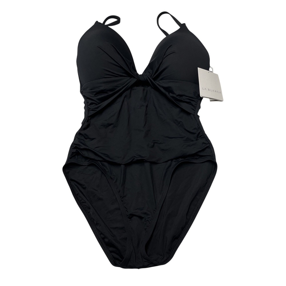 La Blanca Swimsuit Black One Piece Ruched Cut‎ Out Size 10 Classic Resort Beach